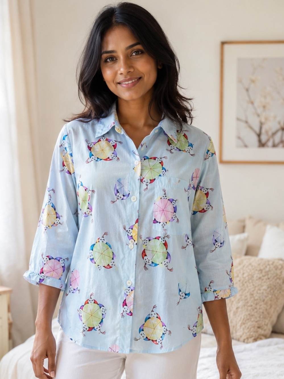 Nick & Nora Pajama Top XS Cotton Light Blue Novelty Print Retro Whimsical Lounge